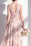 Aprioct Printed Floral Ruched A Line Bridesmaid Dress