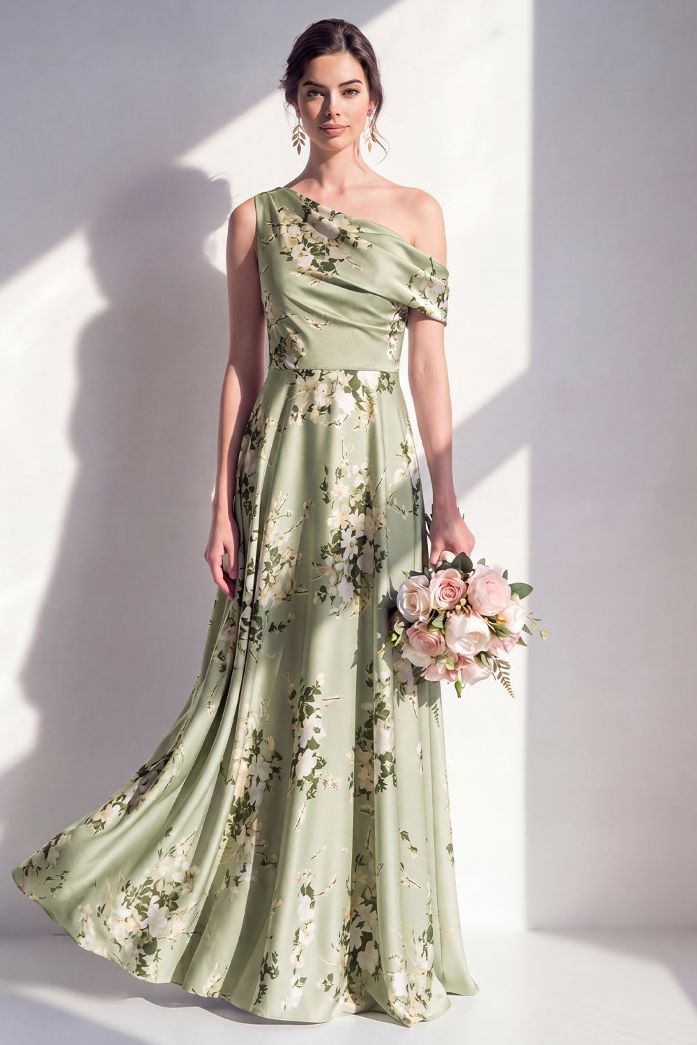 sage green printed bridesmaid dresses Zapaka Women Dusty Sage Long Bridesmaid Dress with Slit Square Neck Floral Print Chiffon Wedding Guest Dress, Grey Green / US24W