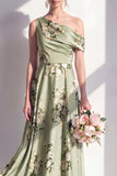 One Shoulder Sage Green A Line Satin Floral Bridesmaid Dress