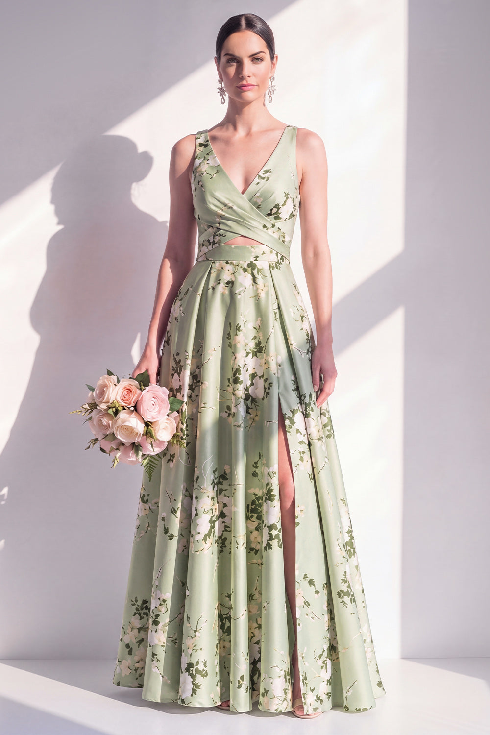 Wedtrend Women Sage Green A Line Bridesmaid Dress Flroal Cut Out Wedding Guest Dress with Slit, Sage Green / US8