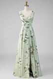 Sage Green A Line Floral Cut Out Bridesmaid Dress with Slit