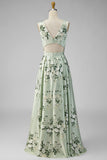 Sage Green A Line Floral Cut Out Bridesmaid Dress with Slit