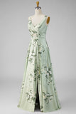 Sage Green A Line Floral Cut Out Bridesmaid Dress with Slit