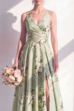 Sage Green A Line Floral Cut Out Bridesmaid Dress with Slit
