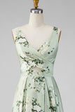 Sage Green A Line Floral Cut Out Bridesmaid Dress with Slit