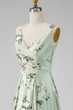 Sage Green A Line Floral Cut Out Bridesmaid Dress with Slit