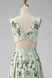 Sage Green A Line Floral Cut Out Bridesmaid Dress with Slit