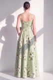 Printed Floral A Line Square Neck Sage Green Bridesmaid Dress with Bow