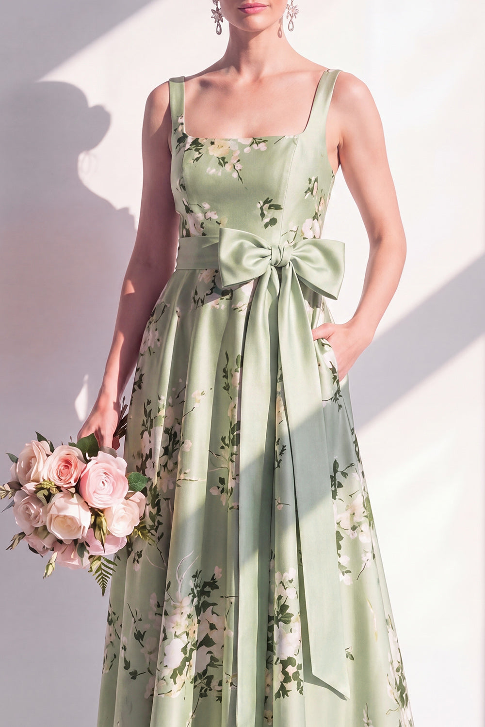 Wedtrend Women Sage Green Printed Floral Bridesmaid Dress with Pockets  Square Neck A Line Wedding Guest Dress with Bow – WEDTREND
