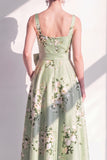 Printed Floral A Line Square Neck Sage Green Bridesmaid Dress with Bow