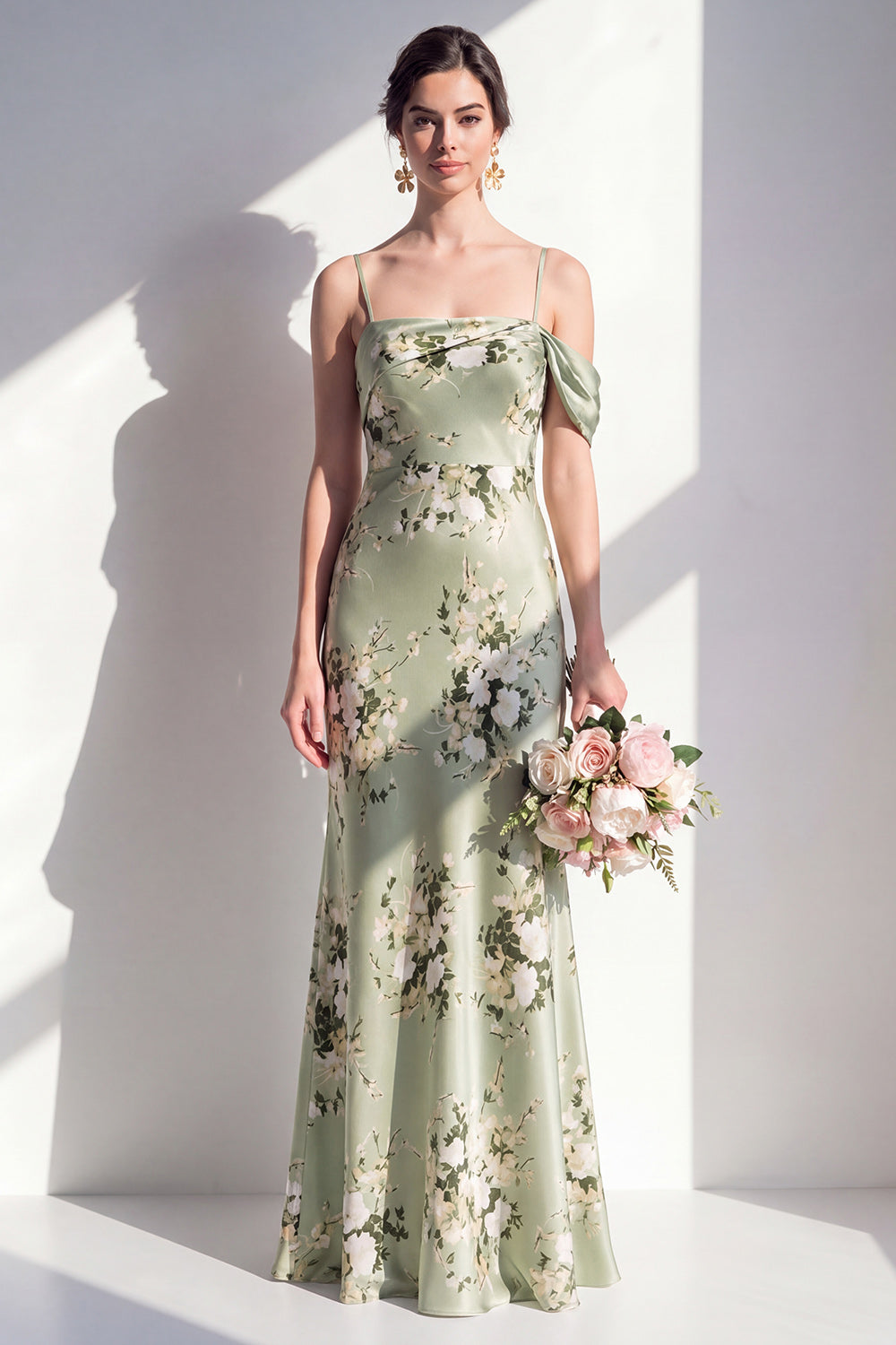 Wedtrend Women Sage Green Printed Floral Bridesmaid Dress Mermaid Spaghetti Straps Satin Wedding Guest Dress, Sage Green / US24W
