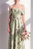 Off the Shoulder A Line Sage Green Floral Bridesmaid Dress