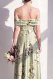 Off the Shoulder A Line Sage Green Floral Bridesmaid Dress