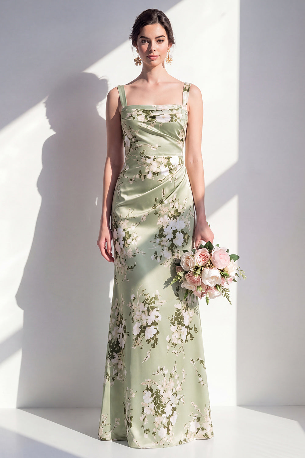 Wedtrend Women Sage Green Floral Bridesmaid Dress Mermaid Square Neck Wedding Guest Dress, Sage Green / US24W