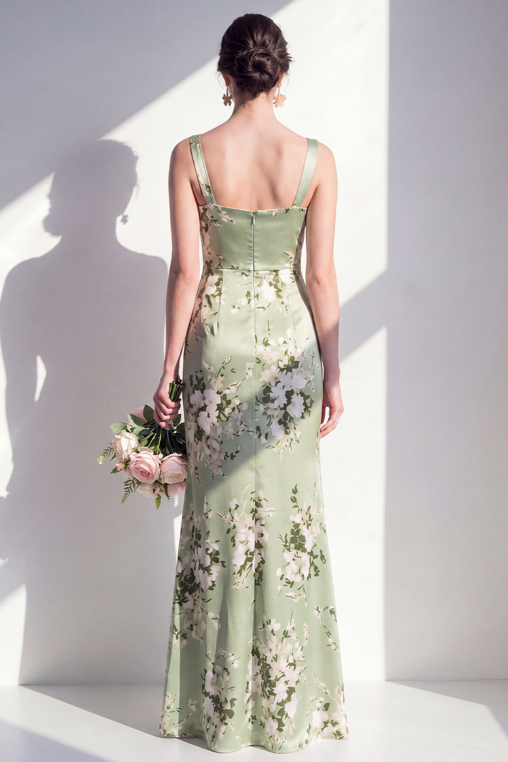 Wedtrend Women Sage Green Floral Bridesmaid Dress Mermaid Square Neck Wedding Guest Dress, Sage Green / US24W