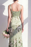 Sage Green Floral Mermaid Square Neck Bridesmaid Dress