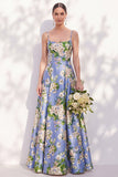Floral Blue Spaghetti Straps A Line Bridesmaid Dress