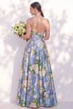 Floral Blue Spaghetti Straps A Line Bridesmaid Dress