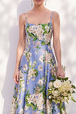 Floral Blue Spaghetti Straps A Line Bridesmaid Dress