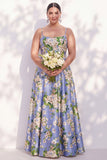 Floral Blue Spaghetti Straps A Line Bridesmaid Dress