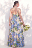 Floral Blue Spaghetti Straps A Line Bridesmaid Dress