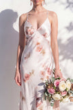 Ivory Red Flower Sheath Spaghetti Straps Long Bridesmaid Dress