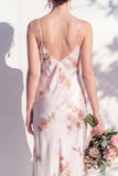 Ivory Red Flower Sheath Spaghetti Straps Long Bridesmaid Dress