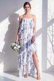 Blue Floral Strapless Tiered A Line Bridesmaid Dress