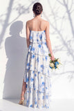 Blue Floral Strapless Tiered A Line Bridesmaid Dress