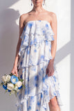 Blue Floral Strapless Tiered A Line Bridesmaid Dress