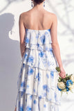 Blue Floral Strapless Tiered A Line Bridesmaid Dress