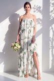 Blue Floral Strapless Tiered A Line Bridesmaid Dress