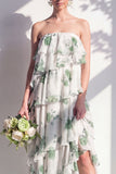 Blue Floral Strapless Tiered A Line Bridesmaid Dress