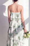 Blue Floral Strapless Tiered A Line Bridesmaid Dress