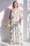Blue Floral Strapless Tiered A Line Bridesmaid Dress