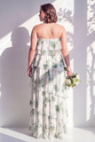 Blue Floral Strapless Tiered A Line Bridesmaid Dress