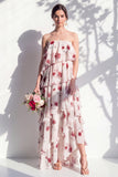 Blue Floral Strapless Tiered A Line Bridesmaid Dress