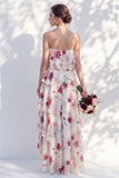Blue Floral Strapless Tiered A Line Bridesmaid Dress