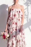 Blue Floral Strapless Tiered A Line Bridesmaid Dress