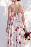 Blue Floral Strapless Tiered A Line Bridesmaid Dress
