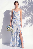 Green Floral Ruffled Cowl Neck Bridesmaid Dress with Slit
