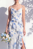 Green Floral Ruffled Cowl Neck Bridesmaid Dress with Slit