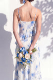 Green Floral Ruffled Cowl Neck Bridesmaid Dress with Slit
