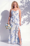 Green Floral Ruffled Cowl Neck Bridesmaid Dress with Slit