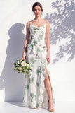 Green Floral Ruffled Cowl Neck Bridesmaid Dress with Slit
