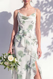 Green Floral Ruffled Cowl Neck Bridesmaid Dress with Slit