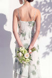 Green Floral Ruffled Cowl Neck Bridesmaid Dress with Slit
