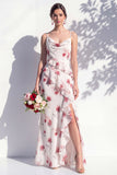Green Floral Ruffled Cowl Neck Bridesmaid Dress with Slit