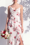 Green Floral Ruffled Cowl Neck Bridesmaid Dress with Slit