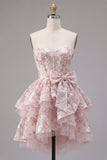 Princess Pink Sweetheart Sequin Corset Short Homecoming Dress with Bow